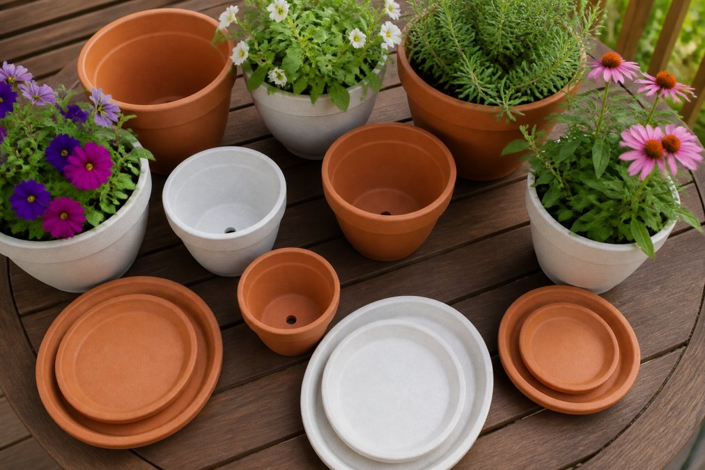 Overhead view of assorted Austin Planter pots and saucers in white granite and terra cotta colors arranged on a wooden patio table with potted flowers and herbs