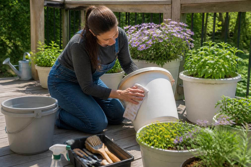A person in casual work clothes wiping down a white plastic planter with a damp cloth on a wooden deck, several potted herbs and flowers visible nearby, bright daylight