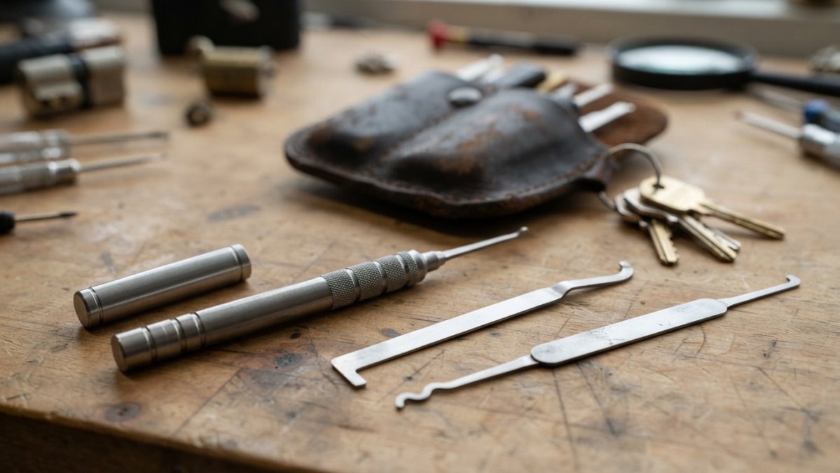 Close-up of a pen-style lock pick tool on a workbench next to a tension wrench and snake rake, with a leather EDC pouch and keys in the background