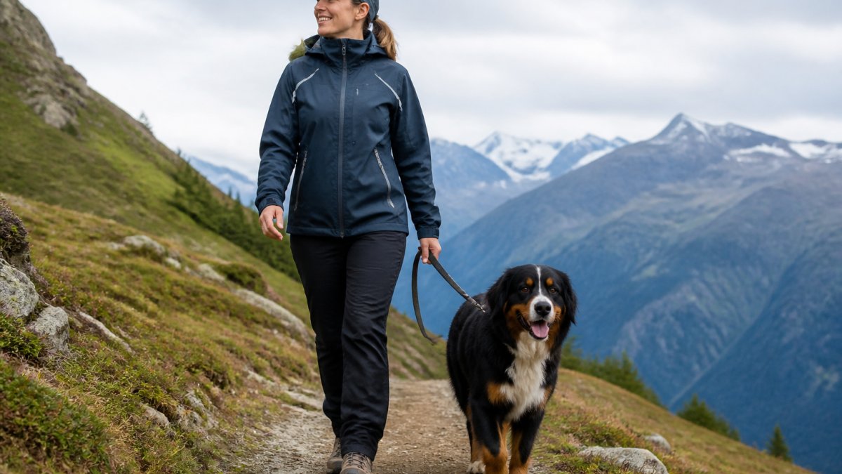 Infographic illustrating the functional benefits of weather-resistant apparel during mountain dog walks