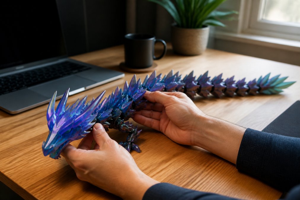 Close-up photo of an adult's hands gently posing a large iridescent 3D printed crystal dragon on a wooden desk beside a laptop and coffee mug