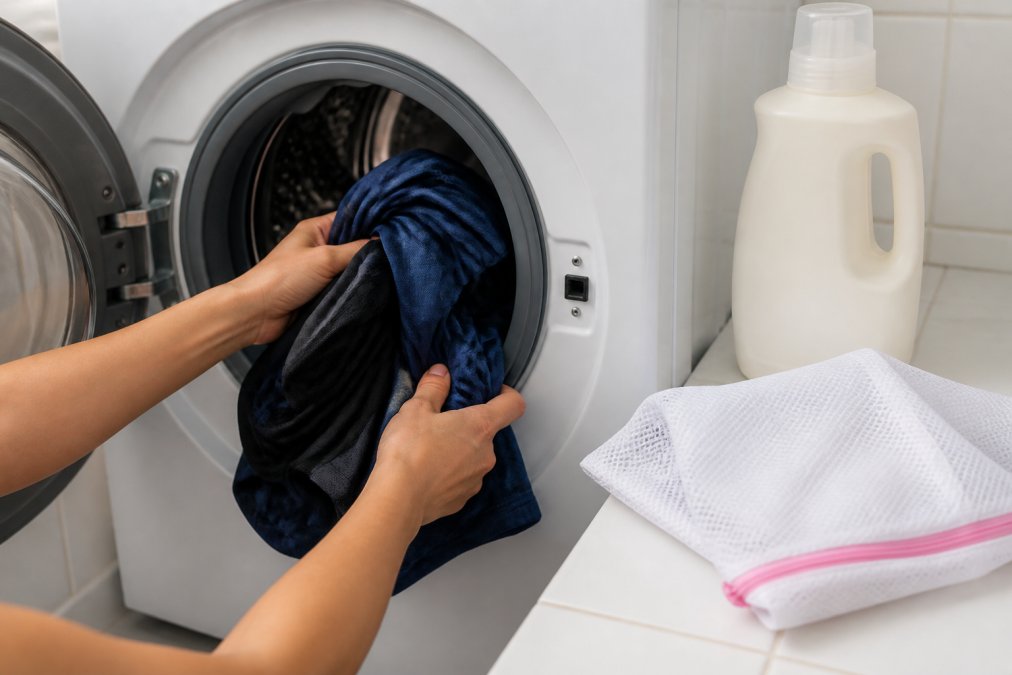 Hands placing damp athletic clothing into a washing machine with cold water setting, showing gentle detergent bottle and mesh laundry bag nearby on white tile counter