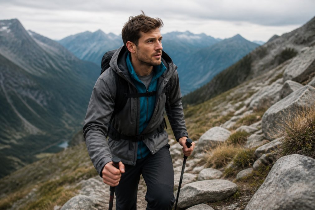 Hiker ascending a steep mountain trail wearing visible layered clothing: fitted moisture-wicking base layer, insulating mid-layer fleece visible at collar, and waterproof shell jacket with hood, demonstrating proper alpine hiking outfit composition in natural daylight