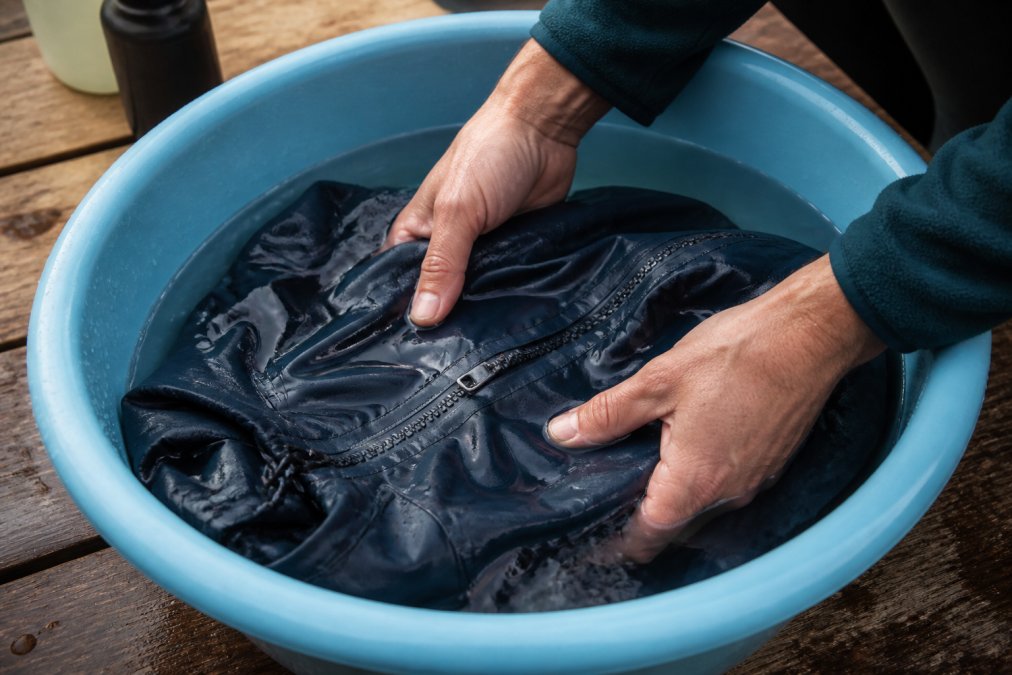 Close-up of hands carefully hand-washing a technical hiking jacket in cool water with specialized gear soap, showing gentle care of delicate waterproof seams and DWR coating on nylon fabric