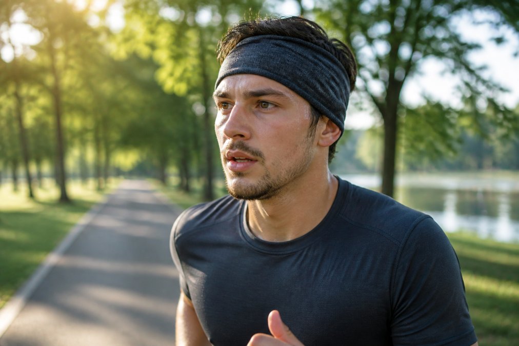A runner wearing a soft fabric headband during an outdoor morning jog in a park, sweat visible on their forehead, trees and path in the background