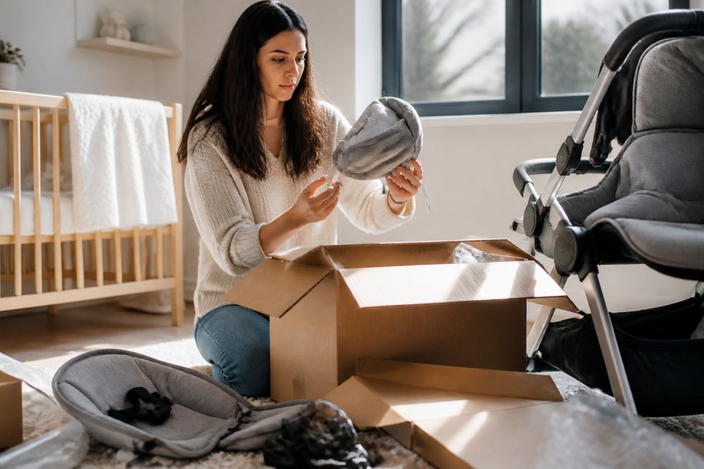 Parent carefully unpacking new baby gear in a bright, modern nursery, examining product labels, materials, and construction details while holding items up to natural light from a window
