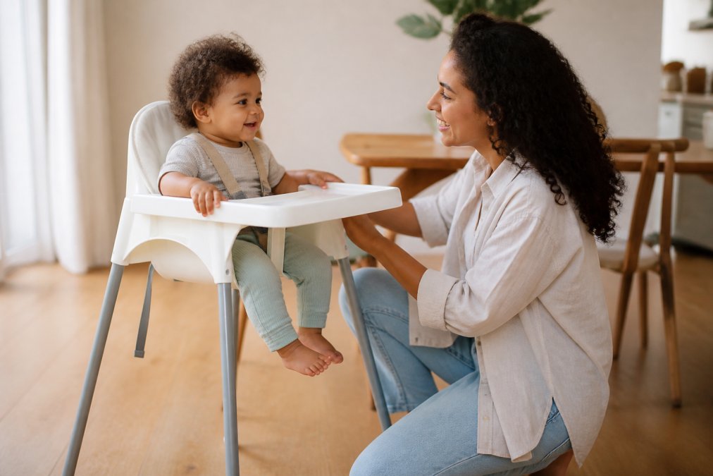 Parent and young child testing baby gear together in a home setting, the child sitting in a high chair or using equipment while the parent observes comfort, fit, and functionality