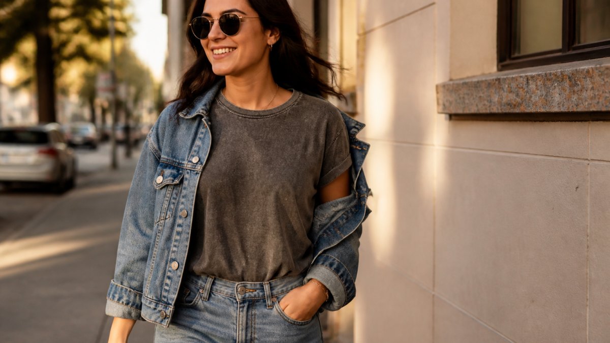 A young woman wearing a garment-dyed graphic t-shirt with jeans and a denim jacket, casually walking outdoors in daylight, relaxed and natural pose