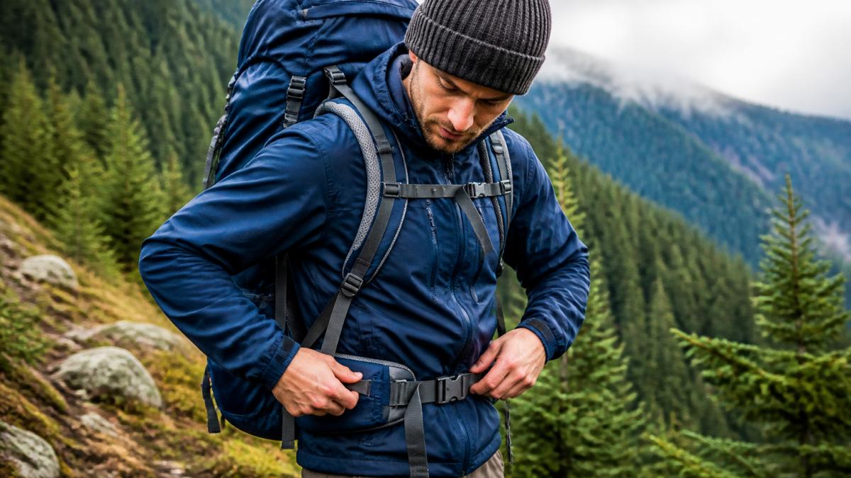 Hiker adjusting the hip belt and shoulder straps of a large trekking backpack on a mountain trail.