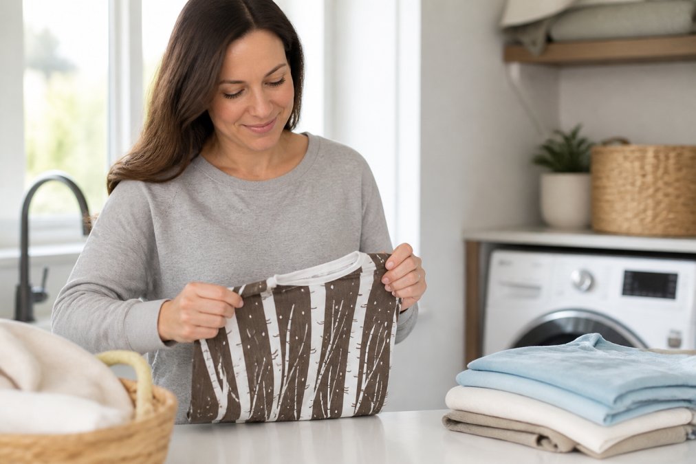 Parent carefully folding soft bamboo garment in bright laundry room with natural window light, showing gentle fabric handling