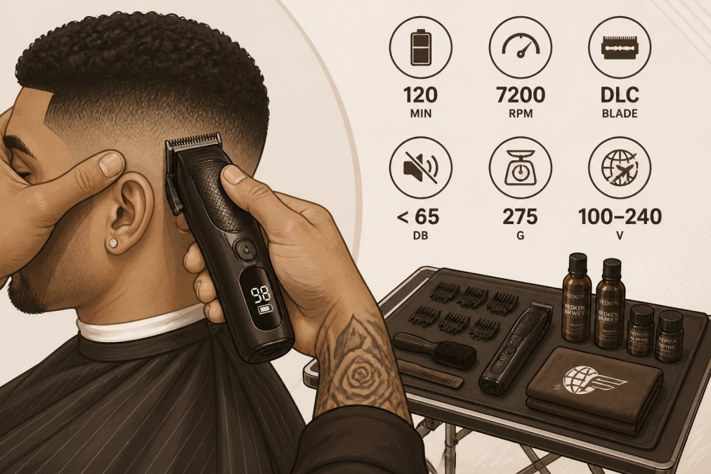 Close-up of a professional barber's hands holding a cordless clipper while executing a skin fade on a client's temple, clean mobile setup with organized tools visible on a folding table in the background, warm natural lighting