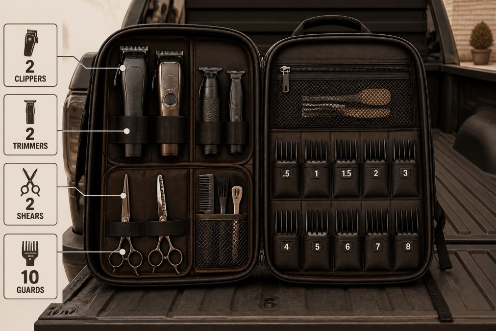 Open hard-shell barber backpack laid flat on the tailgate of a pickup truck, showing neatly organized cordless clippers, trimmers, shears, and clipper guards in individual compartments, outdoor daylight