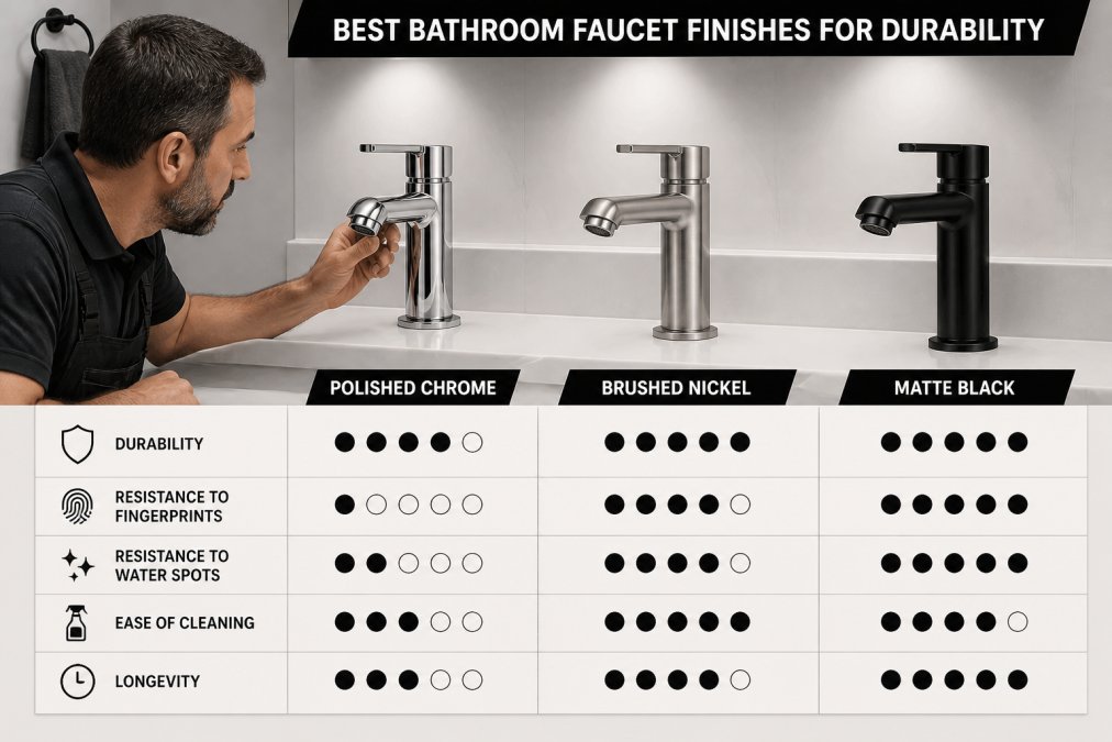 Professional plumber examining three different faucet finishes, polished chrome, brushed nickel, and matte black, mounted side-by-side on a bathroom vanity under bright overhead lighting, showing surface texture and reflection differences