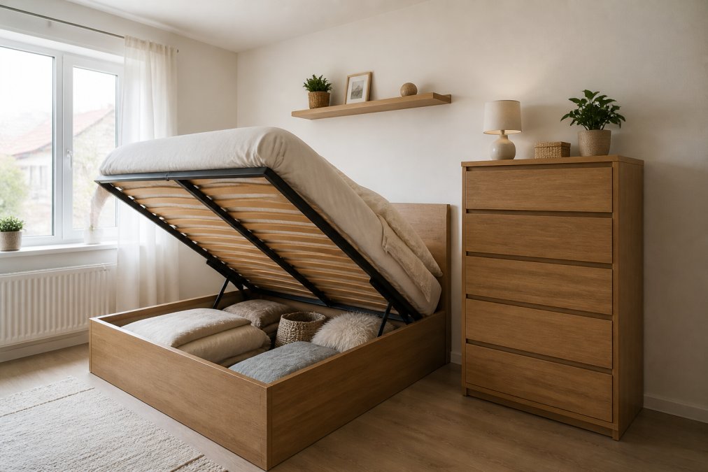 Compact bedroom with gas lift storage bed, tall wooden dresser, and floating shelf against wall, minimal clutter, natural morning light through window