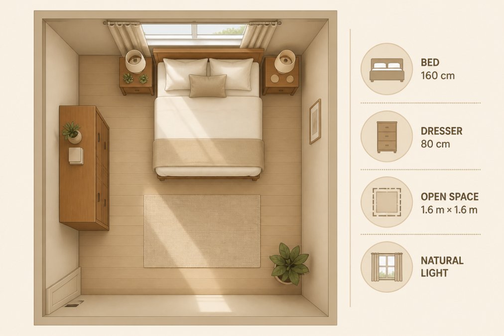 Overhead view of small bedroom showing bed positioned against far wall, tall wooden dresser along side wall, clear open floor space in centre, natural light from window, minimal décor