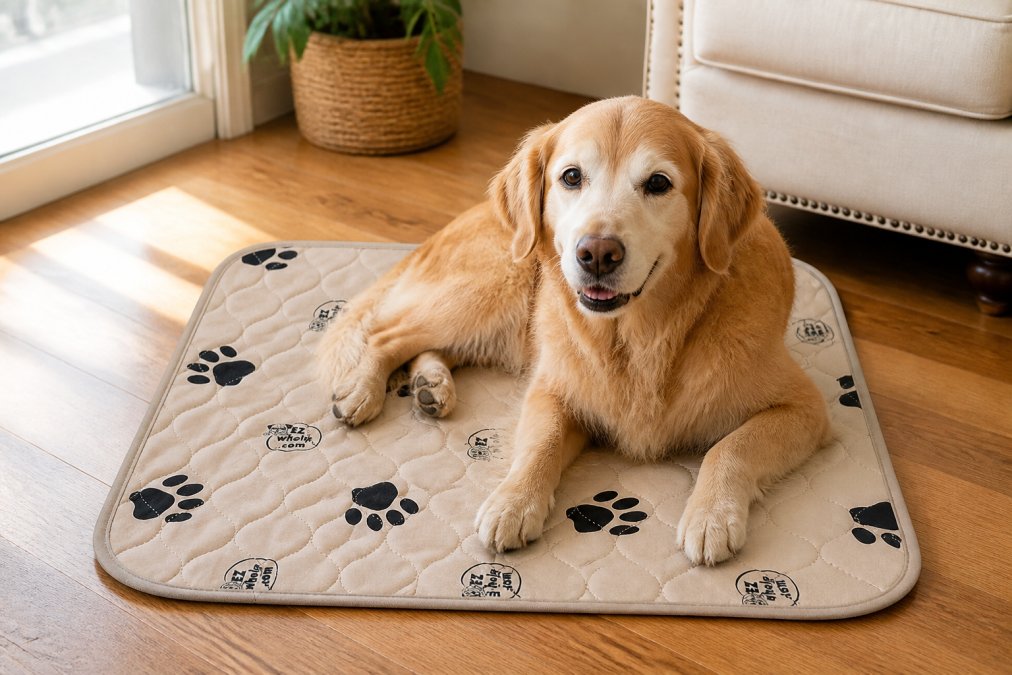 Senior dog resting on an orthopedic bed with a removable cover, showing visible comfort and support in a warm home setting with natural sunlight