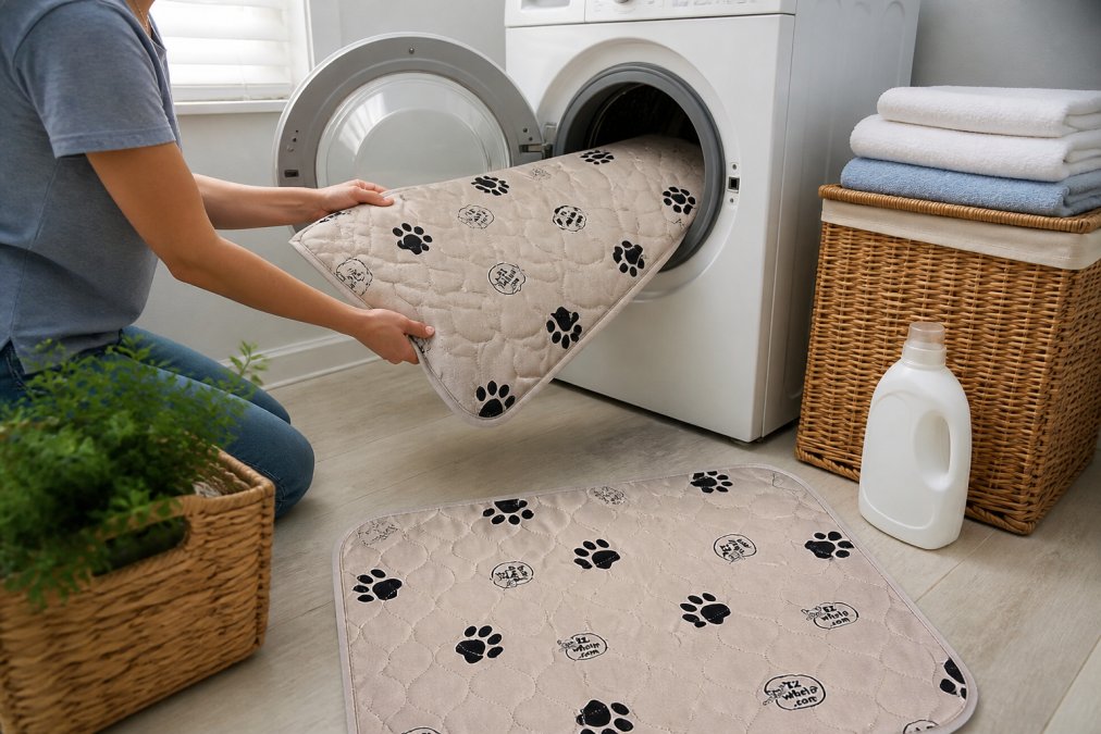 Person removing a washable dog bed cover and placing it in a washing machine, with the underlying orthopedic pad visible on a clean floor in bright laundry room lighting