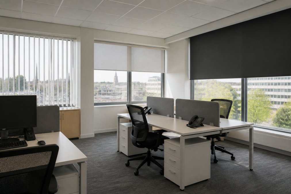 Modern office workspace featuring vertical blinds on one window, roller blinds on another window, and blackout blinds partially drawn on a third window, demonstrating different blind styles in a professional corporate setting with natural daylight