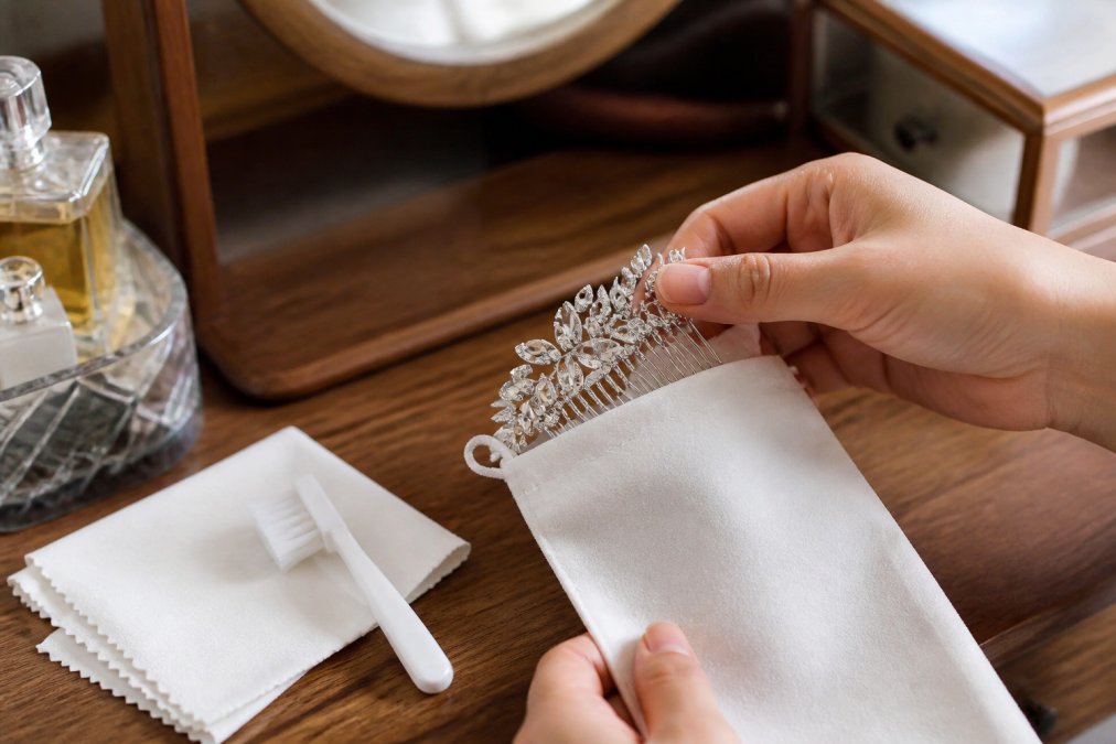 Hands carefully placing delicate silver bridal jewelry and rhinestone accessories into a soft white velvet storage pouch, with a jewelry care cloth and small cleaning brush nearby on a wooden vanity