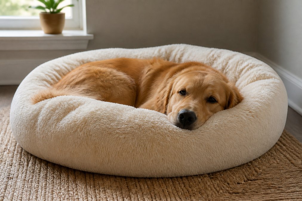 A golden retriever nestled in a cream-colored donut-style calming bed with plush bolster edges, the dog's head resting on the rim in a relaxed position, soft natural light from a window illuminating the peaceful scene