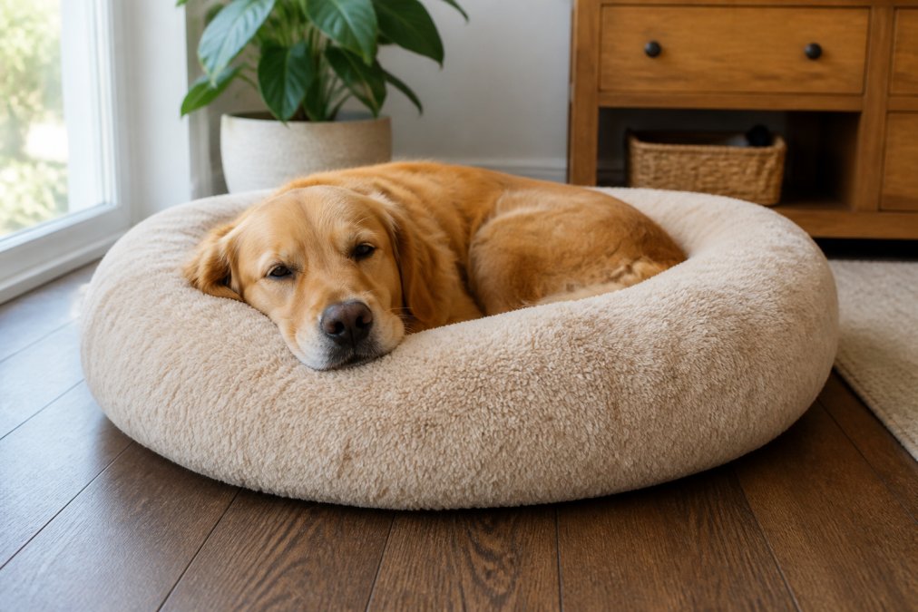 Professional illustration showing golden and retriever and nestled concepts for calming dog beds online