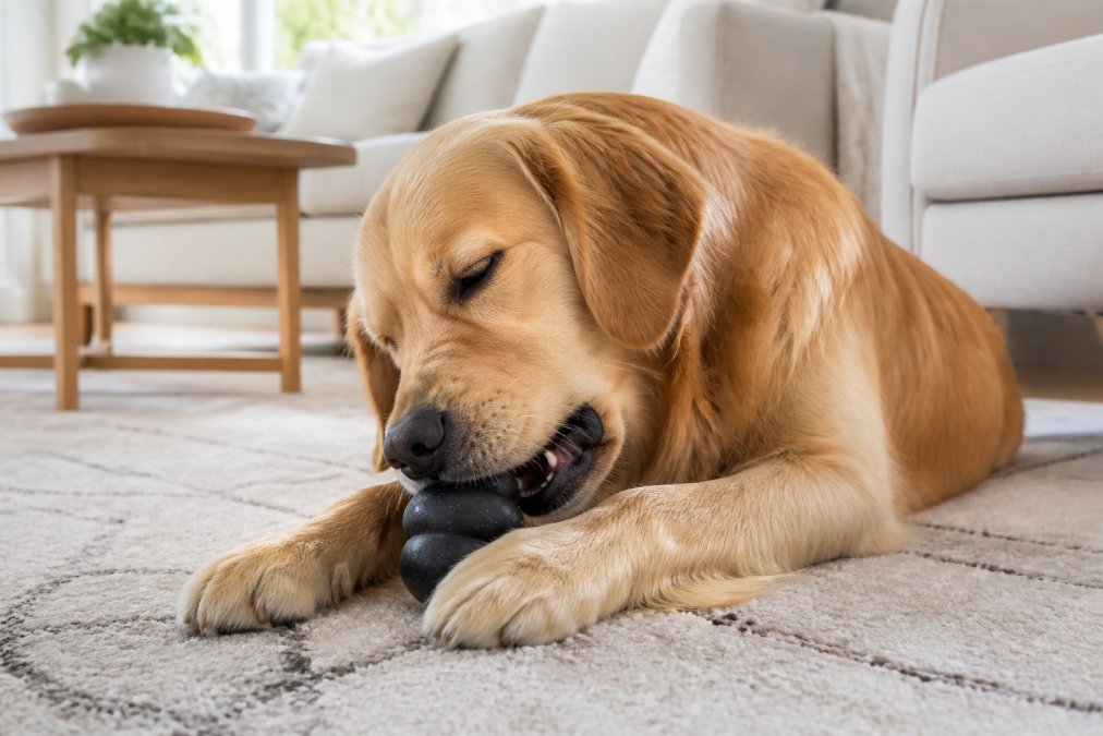 A golden retriever contentedly chewing on a black rubber toy in a bright, sunlit living room with soft furniture and calm lighting