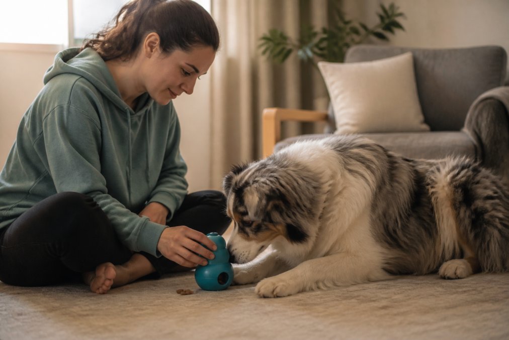 A dog owner sitting on the floor with their anxious dog, introducing a treat-dispensing toy during a calm training session in a quiet home environment with natural afternoon light