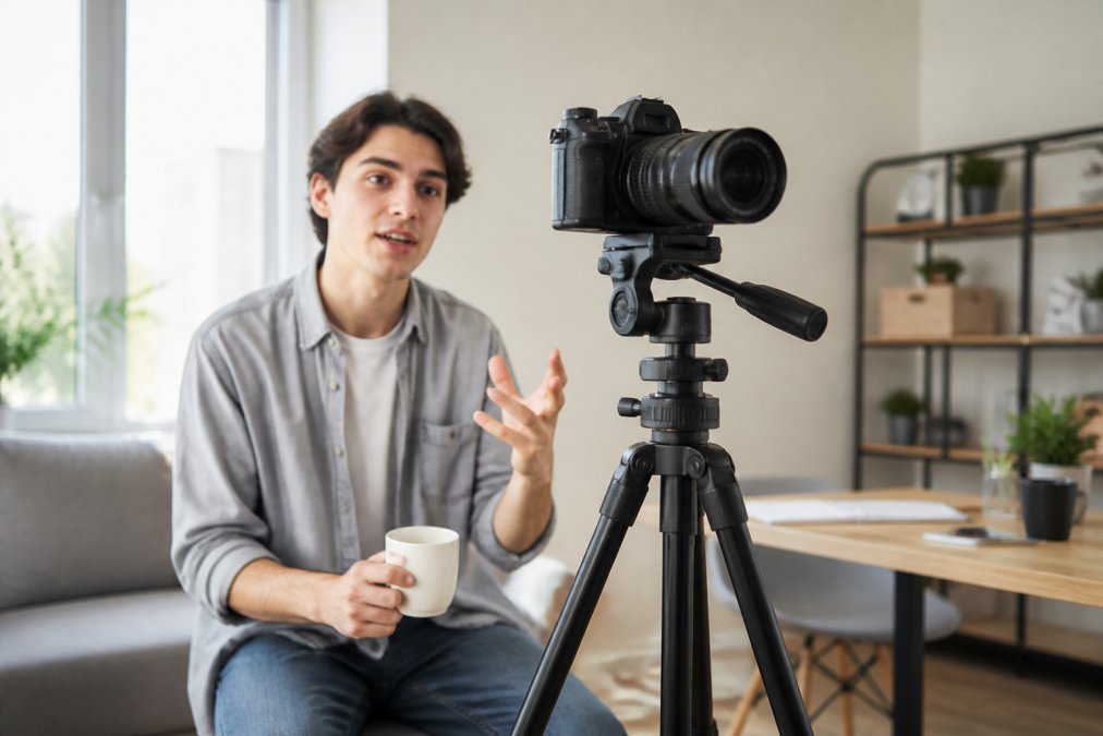 Solo content creator filming a vlog with a mirrorless camera mounted on a sturdy tripod in a bright home studio setup with soft window lighting and a desk in the background
