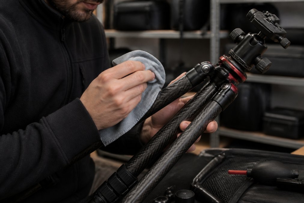 Close-up of hands carefully cleaning tripod carbon fiber legs with a soft microfiber cloth while examining leg locks and quick-release plate mechanisms for wear