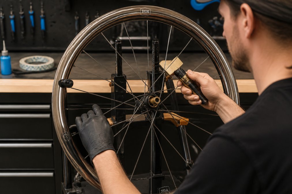 A wheel builder tensioning spokes on a carbon gravel wheel mounted in a truing stand, with a spoke tension meter in hand, workshop tools and rim tape visible on the bench behind them, under bright workshop lighting