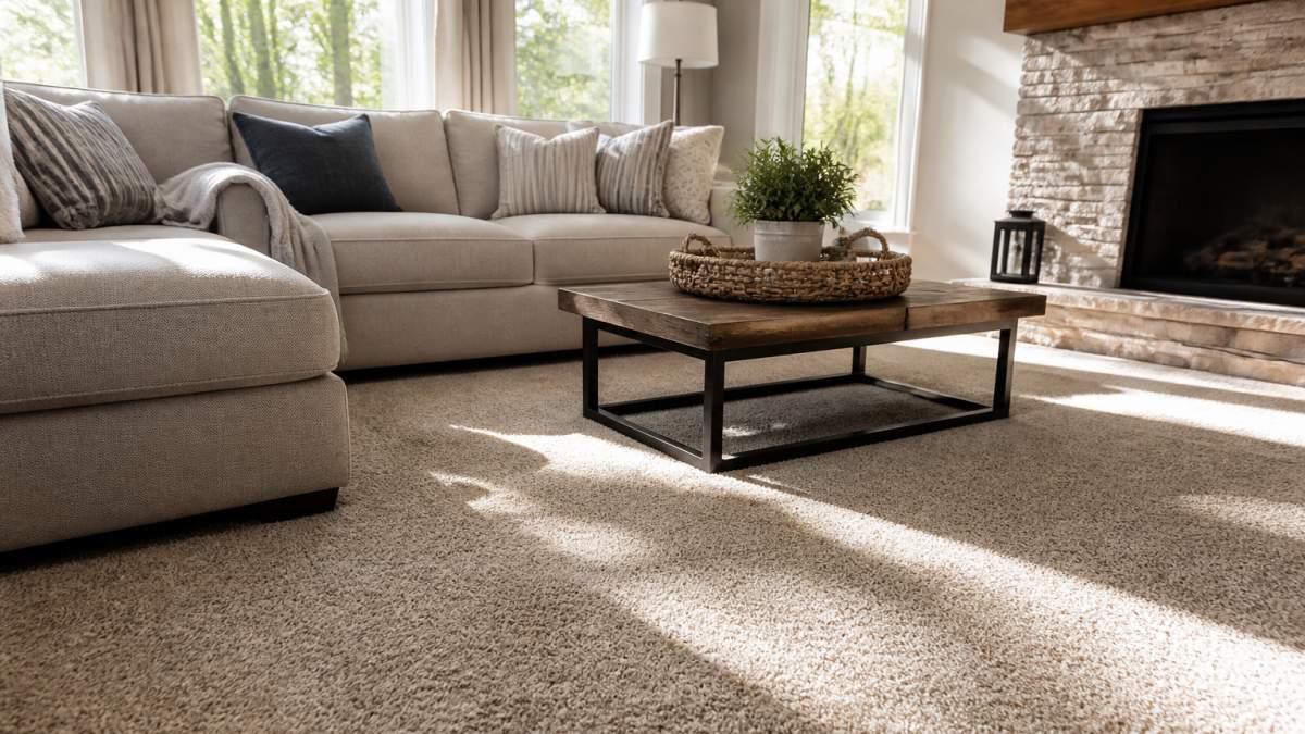 Bright residential family room with plush neutral carpet, sunlight streaming through windows onto a sofa and coffee table