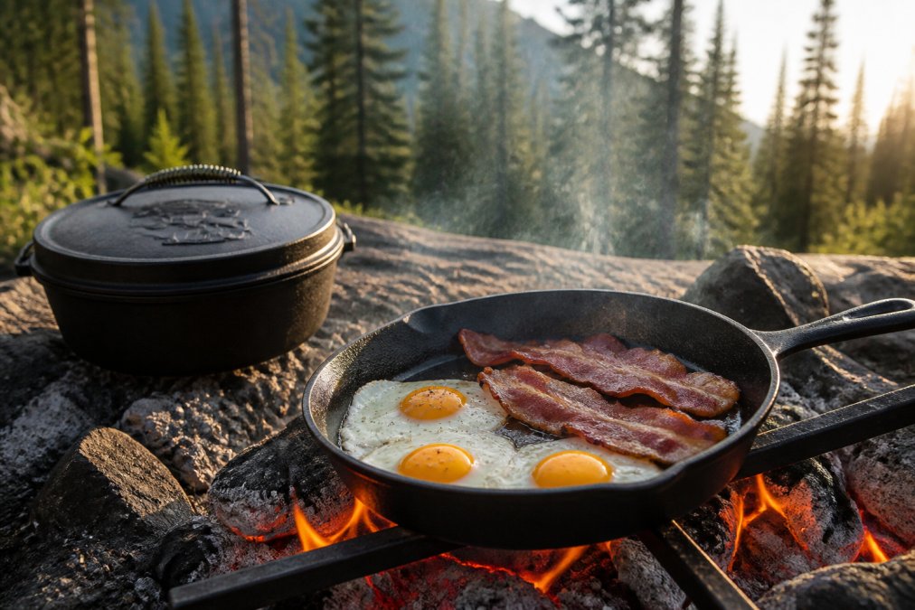 Cast iron skillet sizzling with bacon and eggs over an open campfire, morning light catching the food and cast iron surface, with pine trees blurred in background