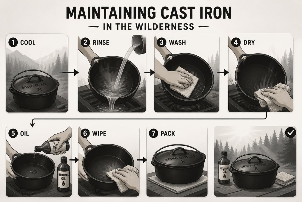 Hands washing cast iron skillet with hot water and cloth over a camping stove, neutral oil bottle visible on camp table, morning light illuminating the process