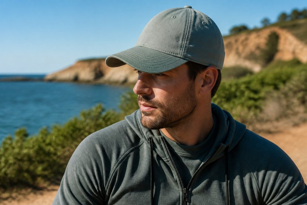 A man wearing a clean, minimalist cotton baseball cap outdoors in casual athleisure clothing, sunlight highlighting the cap's structured brim and fabric texture