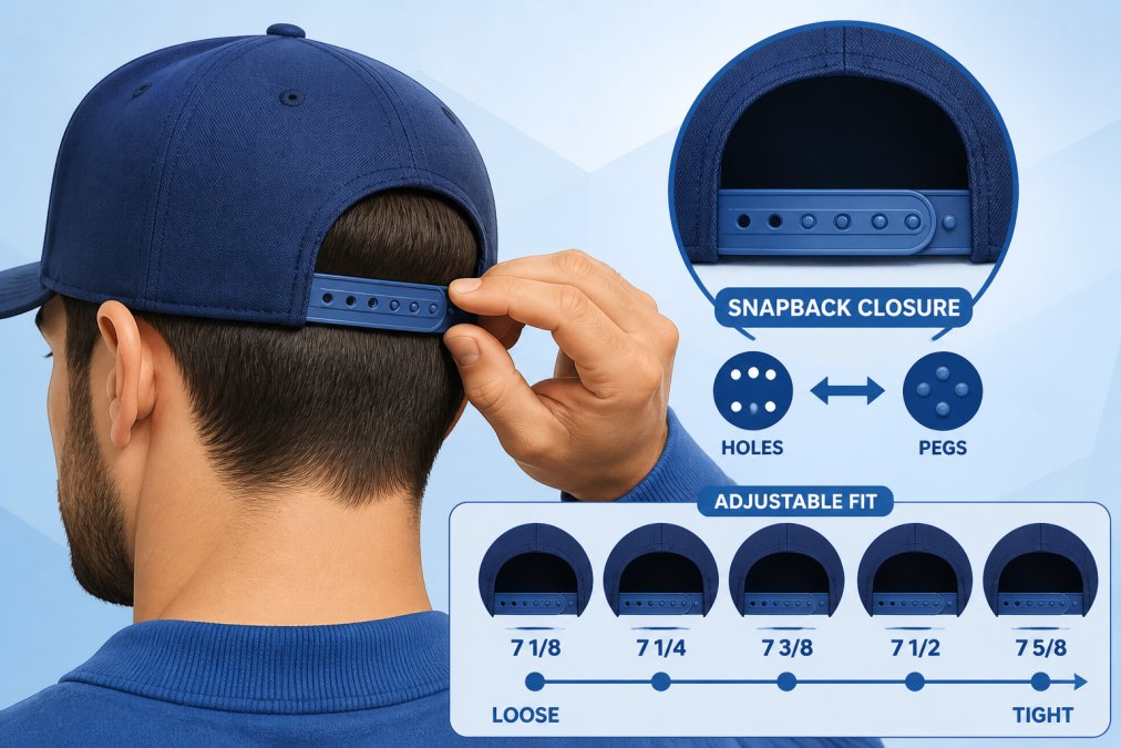 Close-up of a man adjusting the snapback strap on a baseball cap, showing the adjustable closure mechanism and the cap sitting properly on his head in natural outdoor light