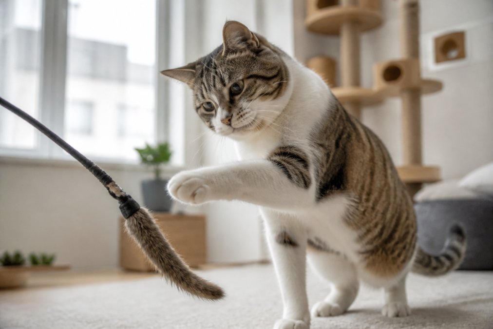 A close-up photo of a cat actively batting at a durable wand toy with reinforced stitching, in a bright living room with natural light
