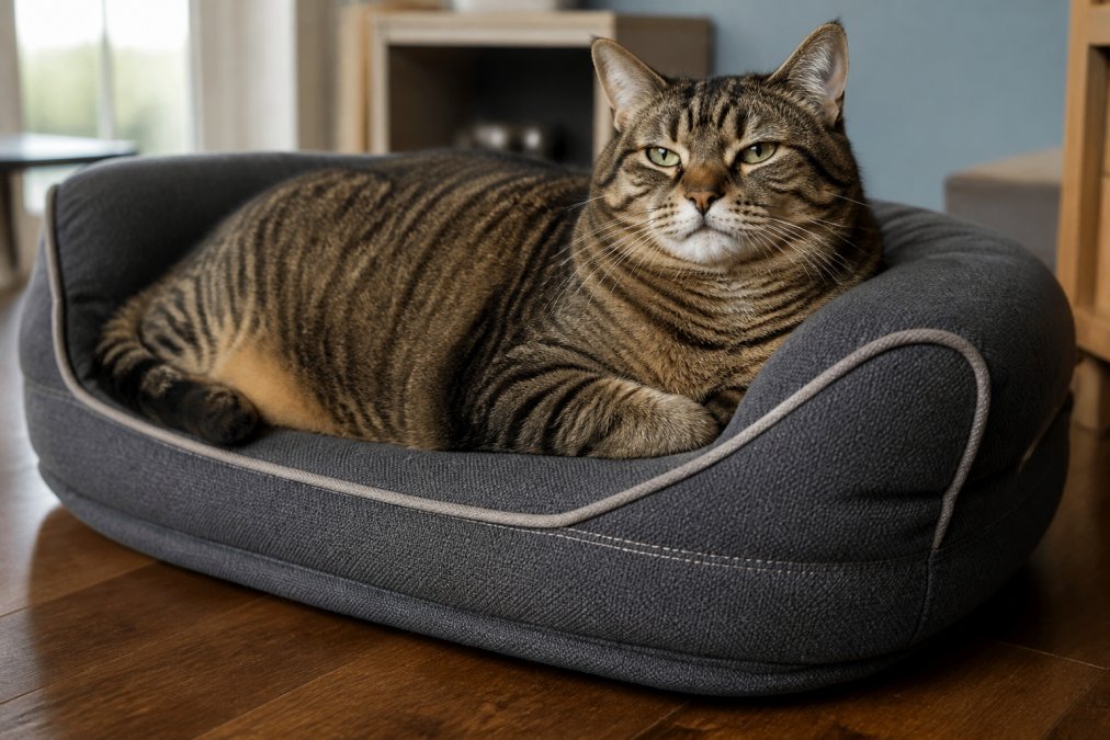Close-up of a large tabby cat resting comfortably on an orthopedic bed with visible bolster support and durable fabric texture showing reinforced stitching