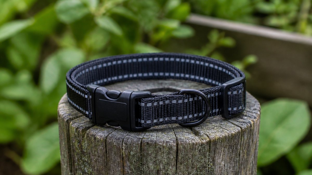 Close-up of a durable nylon cat collar with reflective stitching and a quick-release buckle resting on a weathered wooden fence post outdoors, with green foliage blurred in the background