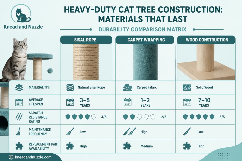Comparison matrix showing durability factors: material type, average lifespan, scratch resistance rating, maintenance frequency, and replacement part availability for sisal rope vs. carpet wrapping vs. wood construction