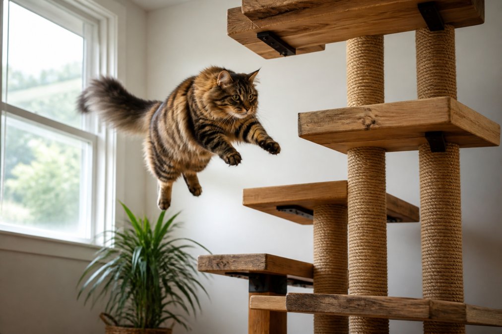 A large Maine Coon cat mid-jump between multiple wooden perches on a sturdy cat tower, with natural window lighting illuminating the cat's active movement and the solid wood construction