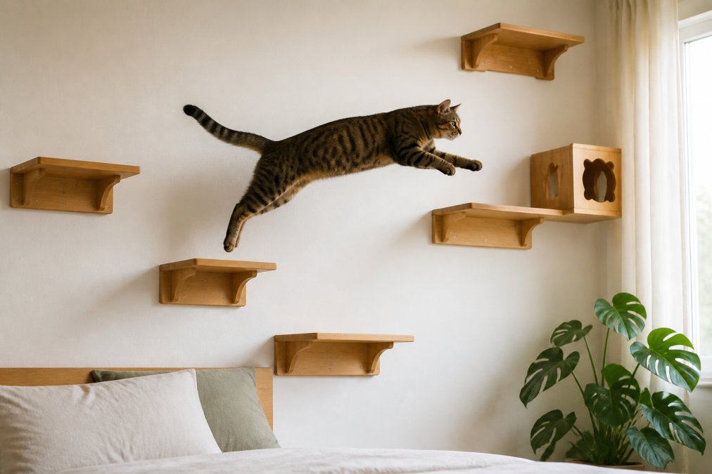 An active tabby cat mid-leap between multiple bamboo wall-mounted shelves installed on a bright bedroom wall, demonstrating the cat's climbing and jumping on the modular shelf system