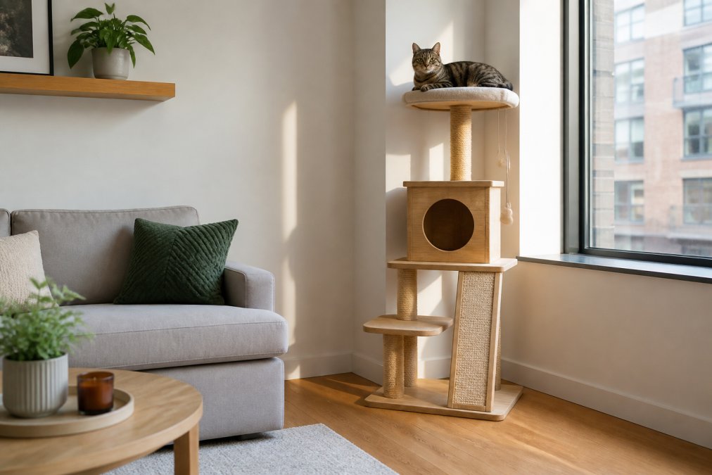 A stylish modern apartment living room with a compact wooden cat tree positioned in the corner near a large window, a tabby cat lounging on an upper perch, minimal Scandinavian-style decor, warm afternoon light streaming in from outside