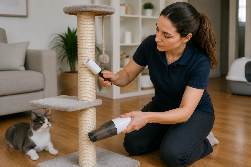 A person using a lint roller and a small handheld vacuum to clean cat hair off a sisal-wrapped scratching post in a tidy, well-lit apartment with hardwood floors and minimal decor