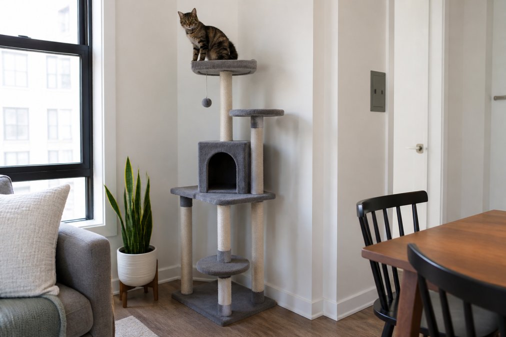Compact multi-tier cat tree positioned in small apartment corner with cat perched on upper level, showing how vertical design maximizes enrichment while maintaining clear floor space and walkways
