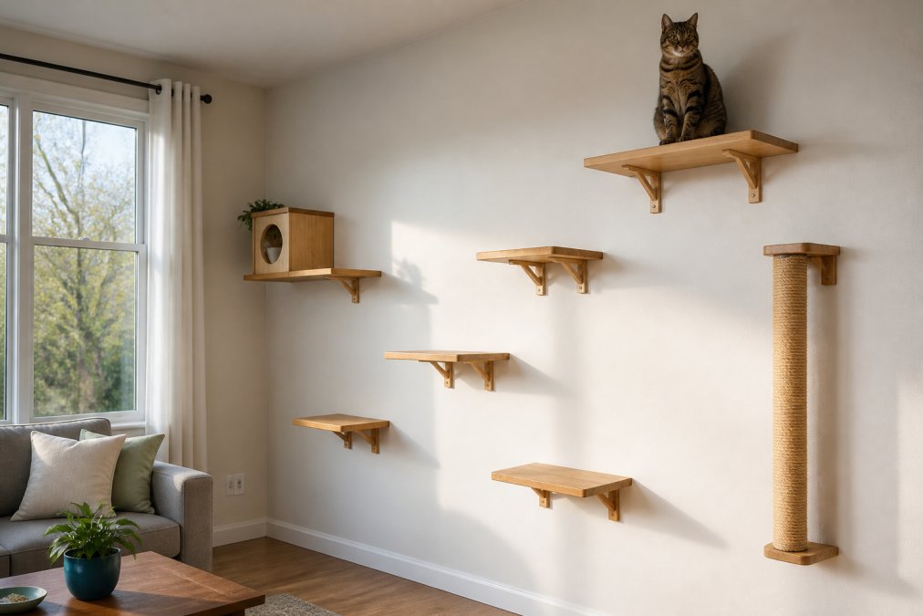 Modern apartment living room with wall-mounted cat shelves installed at varying heights along one wall, a tabby cat perched on the highest shelf, natural daylight from a window illuminating the space