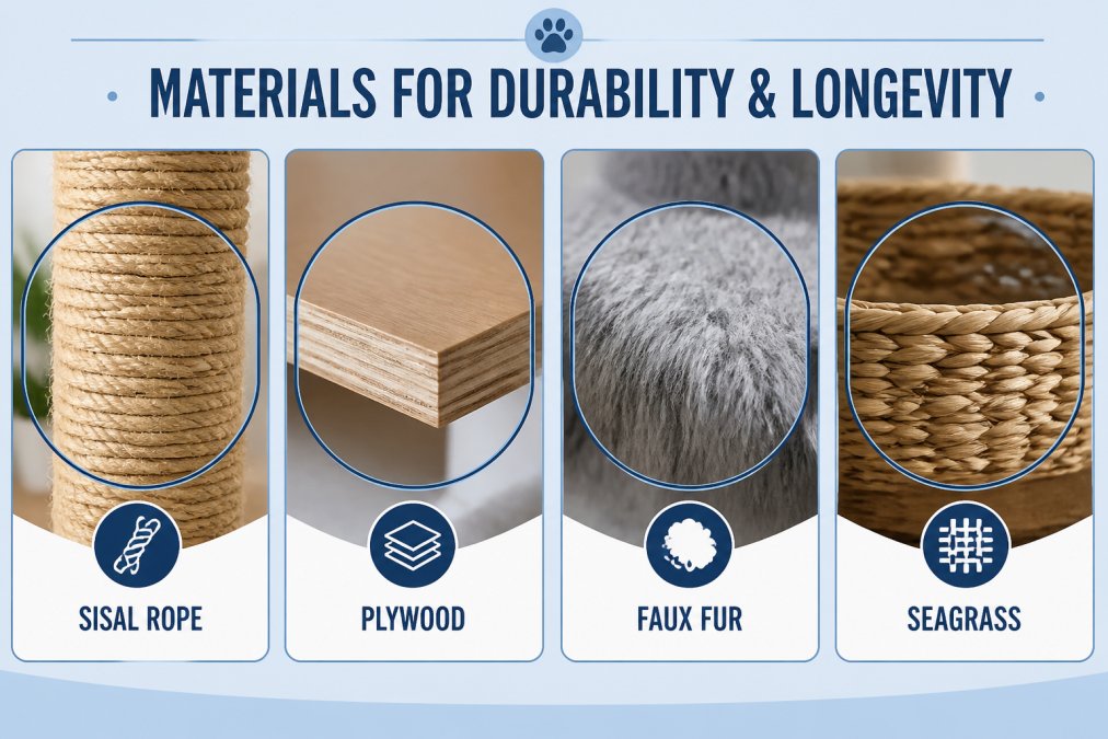 Close-up detail shots showing different cat furniture materials: sisal rope wrapped tightly around a wooden post, plywood with laminate finish, faux fur upholstery texture, and natural seagrass weaving, all photographed with natural light highlighting material quality and texture