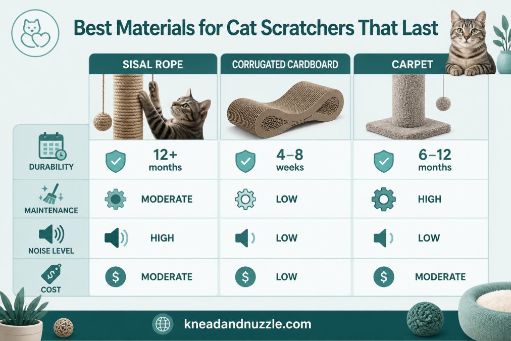 Comparison matrix of scratching materials showing sisal rope (durability: 12+ months, maintenance: moderate, noise level: high, cost: moderate), corrugated cardboard (durability: 4-8 weeks, maintenance: low, noise level: low, cost: low), carpet (durability: 6-12 months, maintenance: high, noise level: low, cost: moderate)