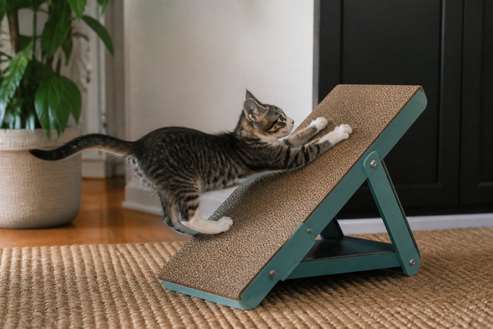 Kitten actively scratching on an adjustable Hepper cardboard scratcher in the inclined position, with claws extended and body stretched, natural indoor lighting