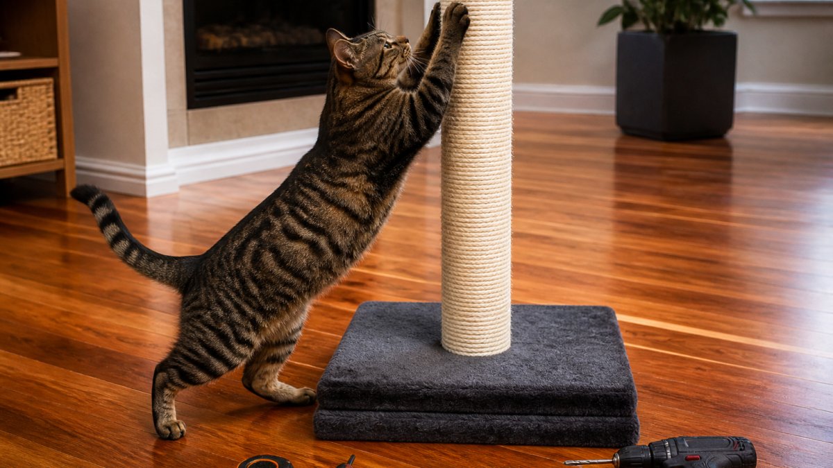 A large tabby cat stretching upward against a tall sisal rope scratching post with a solid double-layered base, showing the cat's full-body stretch and the post's stable, wobble-free positioning on hardwood flooring