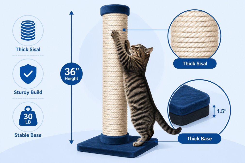 Large tabby cat stretching vertically on a tall, sturdy scratching post with thick sisal rope wrapping, showing full body extension and engaged claws against the post surface
